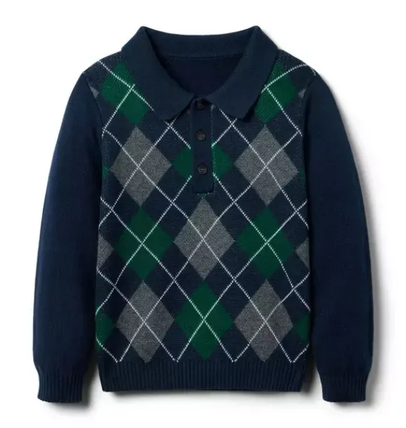 Janie and Jack Sweaters & Sweatshirts-Argyle Polo Sweater dark marine argyle