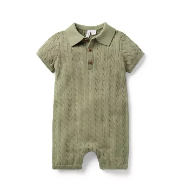 Janie and Jack Online Exclusives|One-pieces & Rompers-Baby Collared Cable Knit Romper olive