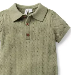 Janie and Jack Online Exclusives|One-pieces & Rompers-Baby Collared Cable Knit Romper olive
