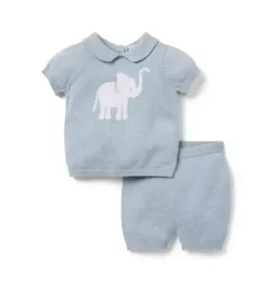 Janie and Jack Sets-Baby Elephant Matching Sweater Set soft blue heather