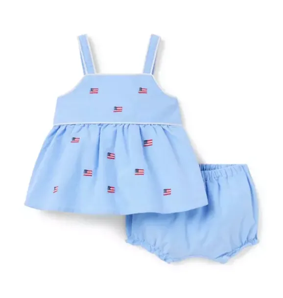 Janie and Jack Sets-Baby Embroidered Flag Matching Set ocean air heather flag