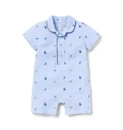 Janie and Jack One-pieces & Rompers-Baby Striped Nautical Icon Pique Romper dreamy blue nautical icon stripe