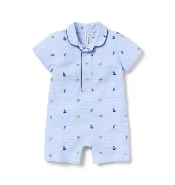 Janie and Jack One-pieces & Rompers-Baby Striped Nautical Icon Pique Romper dreamy blue nautical icon stripe