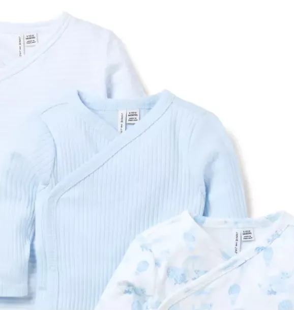 Janie and Jack Tops & Bodysuits-Baby Wrap Bodysuit 3-Pack bundle blue, light blue animal friends toile and white stripe