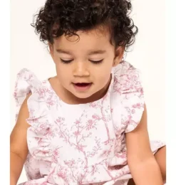 Janie and Jack Baby Pajamas|Petite Plume-Baby's Twill Ruffled Romper in pink timeless toile