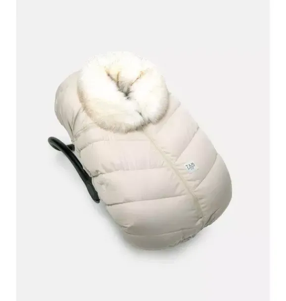 Janie and Jack Car Seats-Car Seat Cocoon - Tundra heather beige - white faux fur