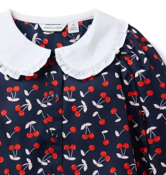 Janie and Jack Long Sleeve Tops-Cherry Collared Top merchant marine cherry