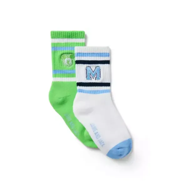 Janie and Jack Socks-Disney Mickey Mouse Varsity Crew Sock 2-Pack bright green and white