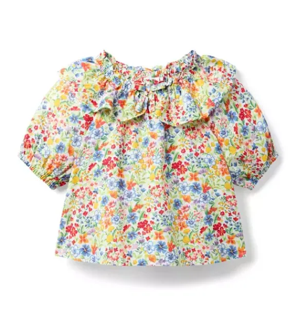 Janie and Jack Short Sleeve Tops-Ditsy Floral Ruffle Collared Top jet ivory ditsy floral