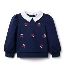 Janie and Jack Sweaters & Sweatshirts-Embroidered Cherry Collared Sweatshirt merchant marine