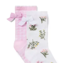 Janie and Jack Socks & Tights-Floral and Gingham Sock 2-Pack jet ivory floral and periwinkle pink gingham