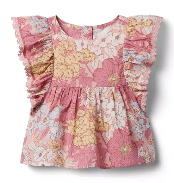 Janie and Jack Sleeveless Tops-Floral Lace Trim Top cocoa pink floral