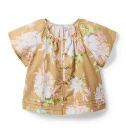 Janie and Jack Short Sleeve Tops|Matching Sets-Floral Pintuck Button Top iced latte floral