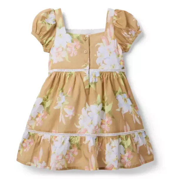 Janie and Jack Dresses-Floral Puff Sleeve Dress iced latte floral