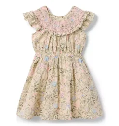 Janie and Jack Dresses-Floral Smocked Ruffle Dress oat biscuit floral