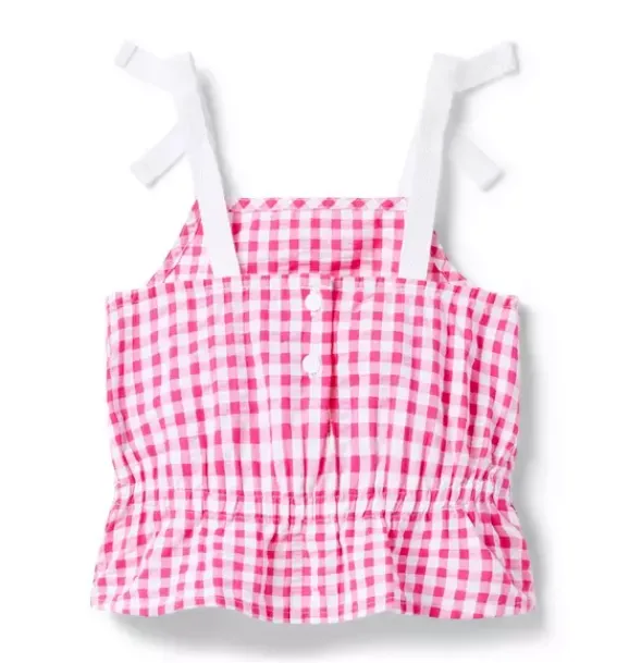 Janie and Jack Sleeveless Tops-Gingham Peplum Top pink melon gingham