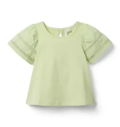 Janie and Jack Short Sleeve Tops-Lace Trim Puff Sleeve Top green fields