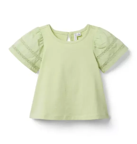 Janie and Jack Short Sleeve Tops-Lace Trim Puff Sleeve Top green fields