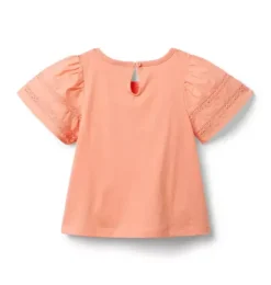 Janie and Jack Short Sleeve Tops-Lace Trim Puff Sleeve Top orange lily