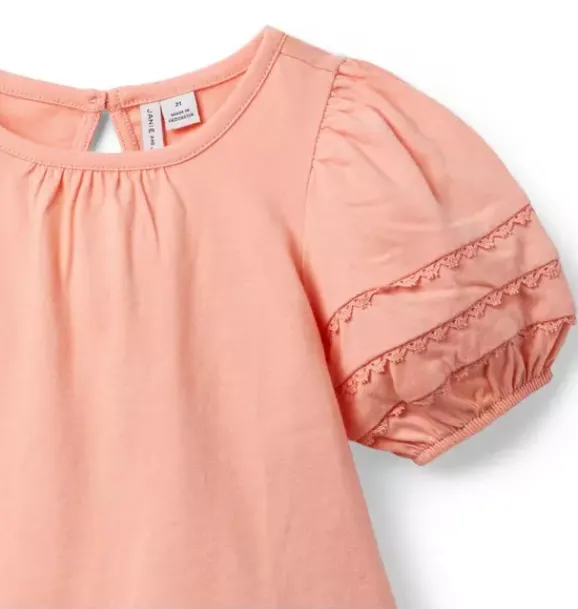 Janie and Jack Short Sleeve Tops-Lace Trim Puff Sleeve Top rosy coral