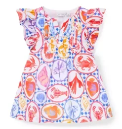 Janie and Jack Swim Outfits|Dresses-Ocean Icon Ruffle Sleeve Dress white ocean icon