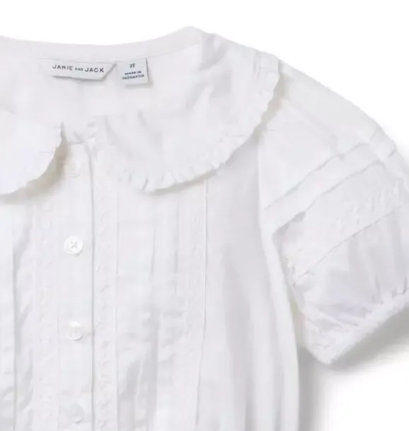 Janie and Jack Short Sleeve Tops-Pintuck Lace Trim Top white