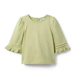 Janie and Jack Long Sleeve Tops-Pintuck Ruffle Sleeve Top green fields