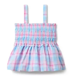 Janie and Jack Matching Sets|Sleeveless Tops-Plaid Bow Smocked Top blue skies plaid