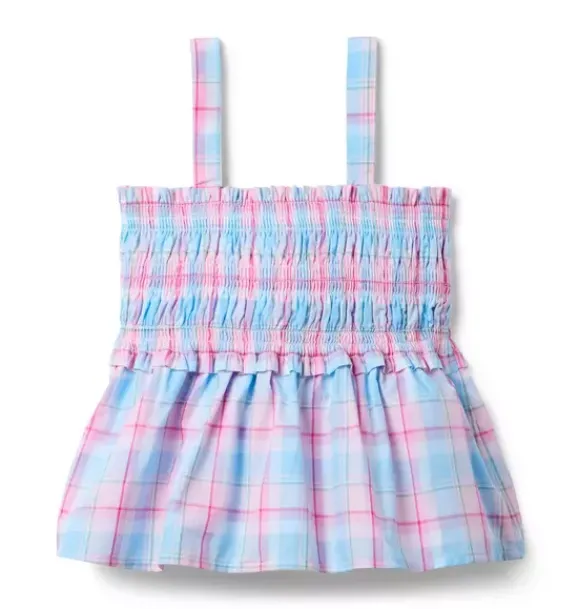 Janie and Jack Matching Sets|Sleeveless Tops-Plaid Bow Smocked Top blue skies plaid
