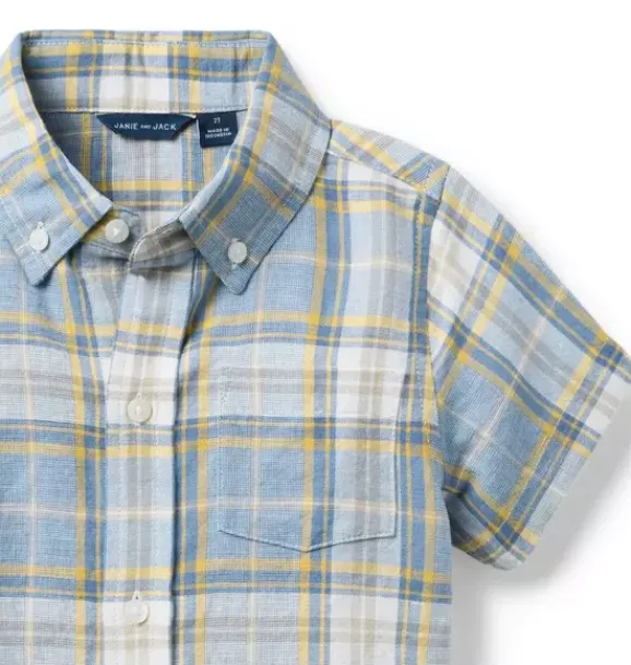 Janie and Jack Shirts-Plaid Linen-Cotton Shirt stormy sky blue plaid