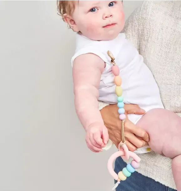 Janie and Jack Teethers And Bottles-Rainbow Sherbet Arch Ring Teether + Clip Set pastel