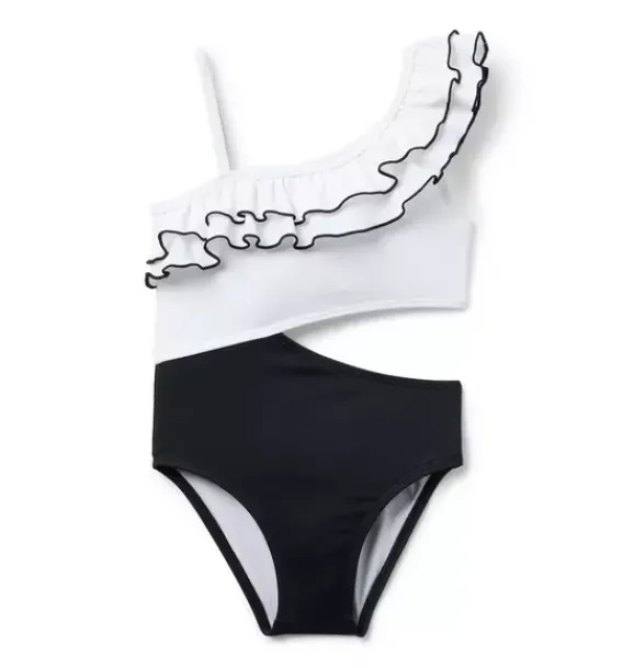 Janie and Jack One-pieces|Girl-Recycled Cutout Ruffle Shoulder Swimsuit jj black