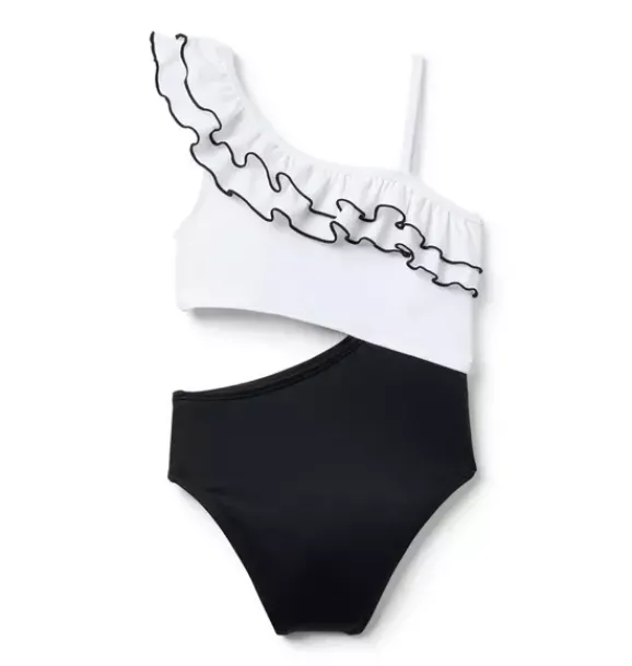 Janie and Jack One-pieces|Girl-Recycled Cutout Ruffle Shoulder Swimsuit jj black