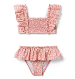 Janie and Jack Two-pieces|Girl-Recycled Ditsy Floral Smocked 2-Piece Swimsuit coral red ditsy floral
