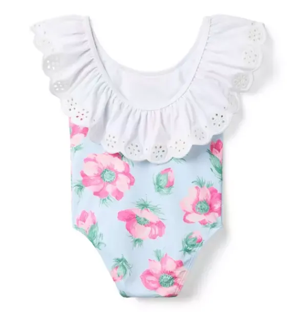 Janie and Jack One-pieces|Swim Outfits-Recycled Floral Eyelet Ruffle Swimsuit light blue floral