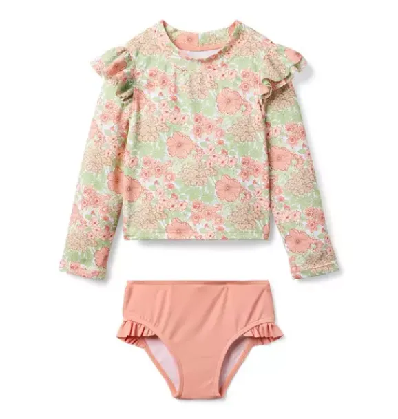 Janie and Jack Two-pieces|Girl-Recycled Floral Ruffle Rash Guard Swimsuit rosy coral floral