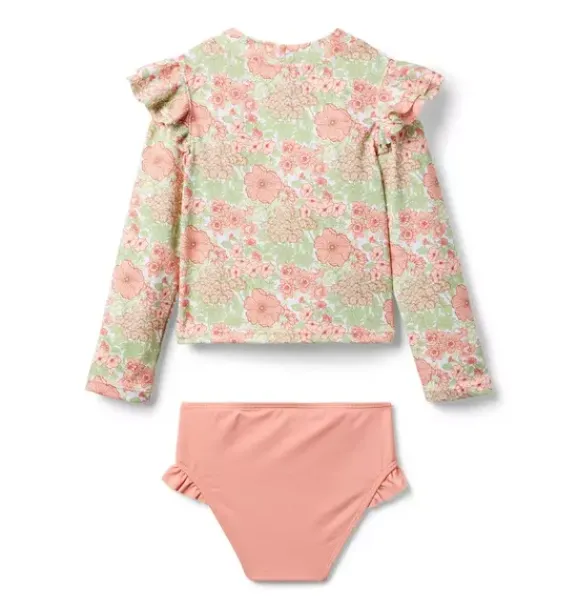 Janie and Jack Two-pieces|Girl-Recycled Floral Ruffle Rash Guard Swimsuit rosy coral floral