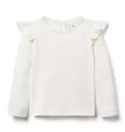 Janie and Jack Long Sleeve Tops-Ribbed Ruffle Shoulder Top ivory