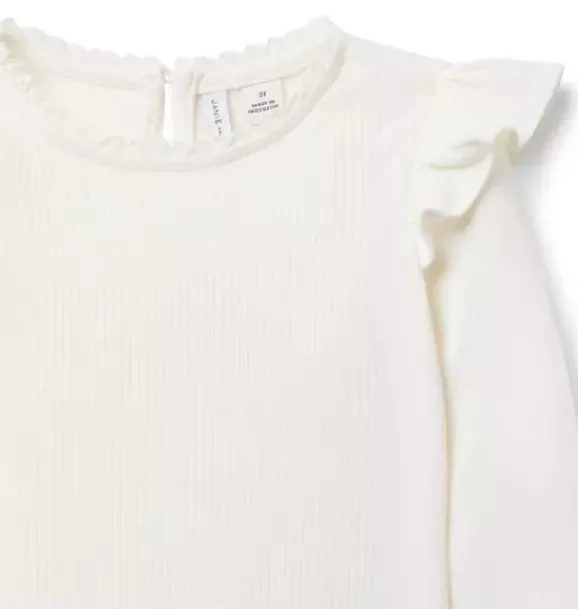 Janie and Jack Long Sleeve Tops-Ribbed Ruffle Shoulder Top ivory