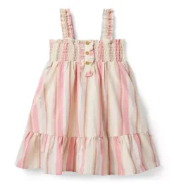 Janie and Jack Dresses-Striped Linen-Cotton Smocked Dress rosy coral stripe