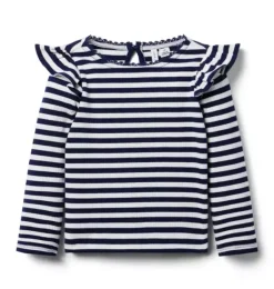 Janie and Jack Long Sleeve Tops-Striped Ribbed Ruffle Shoulder Top merchant marine stripe