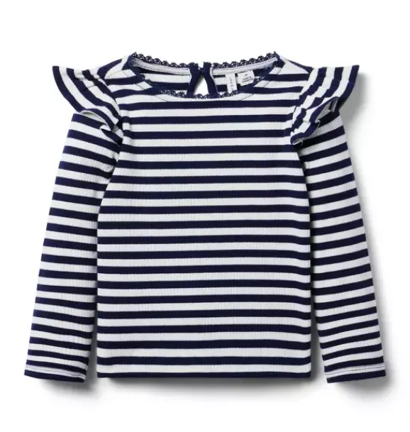 Janie and Jack Long Sleeve Tops-Striped Ribbed Ruffle Shoulder Top merchant marine stripe