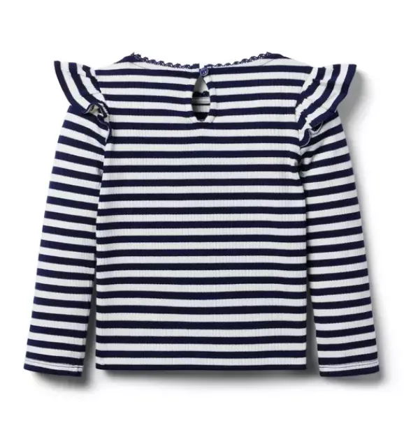 Janie and Jack Long Sleeve Tops-Striped Ribbed Ruffle Shoulder Top merchant marine stripe