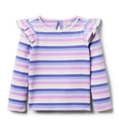 Janie and Jack Long Sleeve Tops-Striped Ribbed Ruffle Shoulder Top lilac stripe