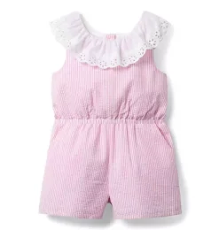 Janie and Jack Rompers & Jumpsuits-Striped Seersucker Eyelet Collar Romper dahlia pink stripe
