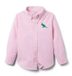 Janie and Jack Shirts-The Embroidered Dinosaur Oxford Shirt light pink stripe