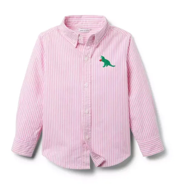 Janie and Jack Shirts-The Embroidered Dinosaur Oxford Shirt light pink stripe