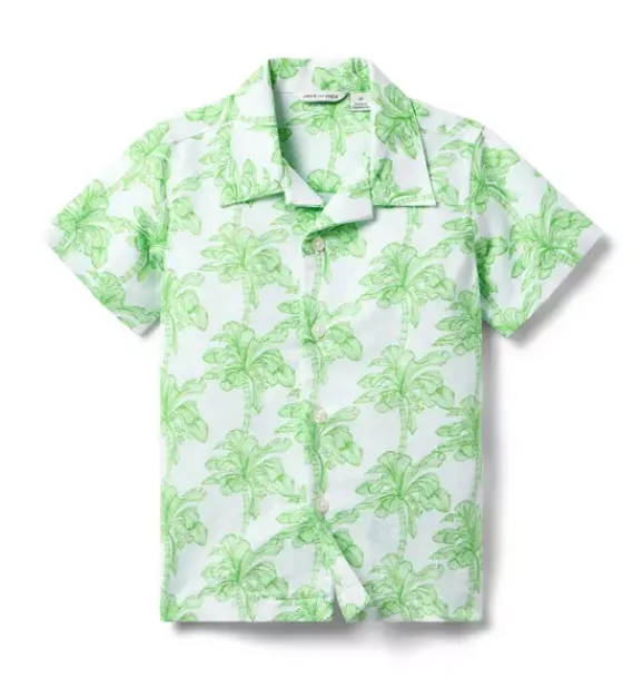 Janie and Jack Family Matching|Swim Outfits-The Linen-Cotton Cabana Shirt new leaf palm tree