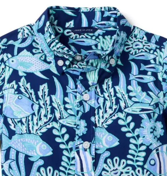 Janie and Jack Family Matching|Swim Outfits-The Poplin Shirt dark blue fish