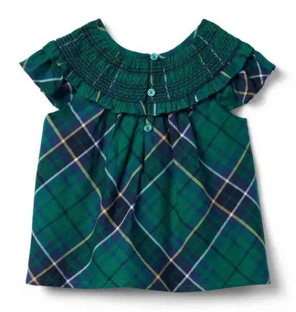 Janie and Jack Short Sleeve Tops-The Tartan Smocked Ruffle Top river green tartan